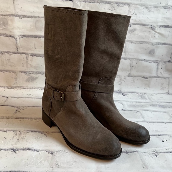 J. Crew Ryder grey suede mid calf pull on buckle boot size 7.5 - Picture 2 of 13